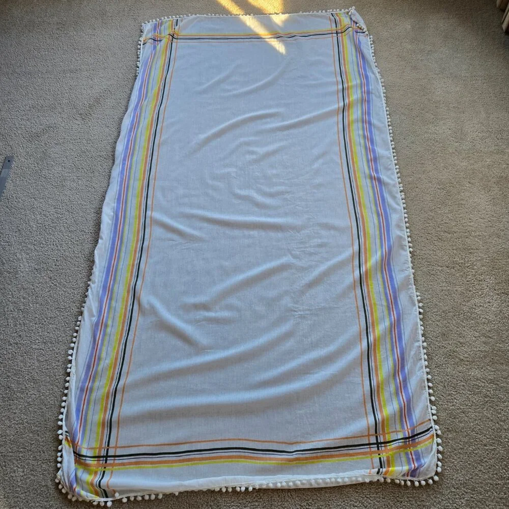 Lightweight Striped Summer Scarf or Sarong with Pom Pom Border